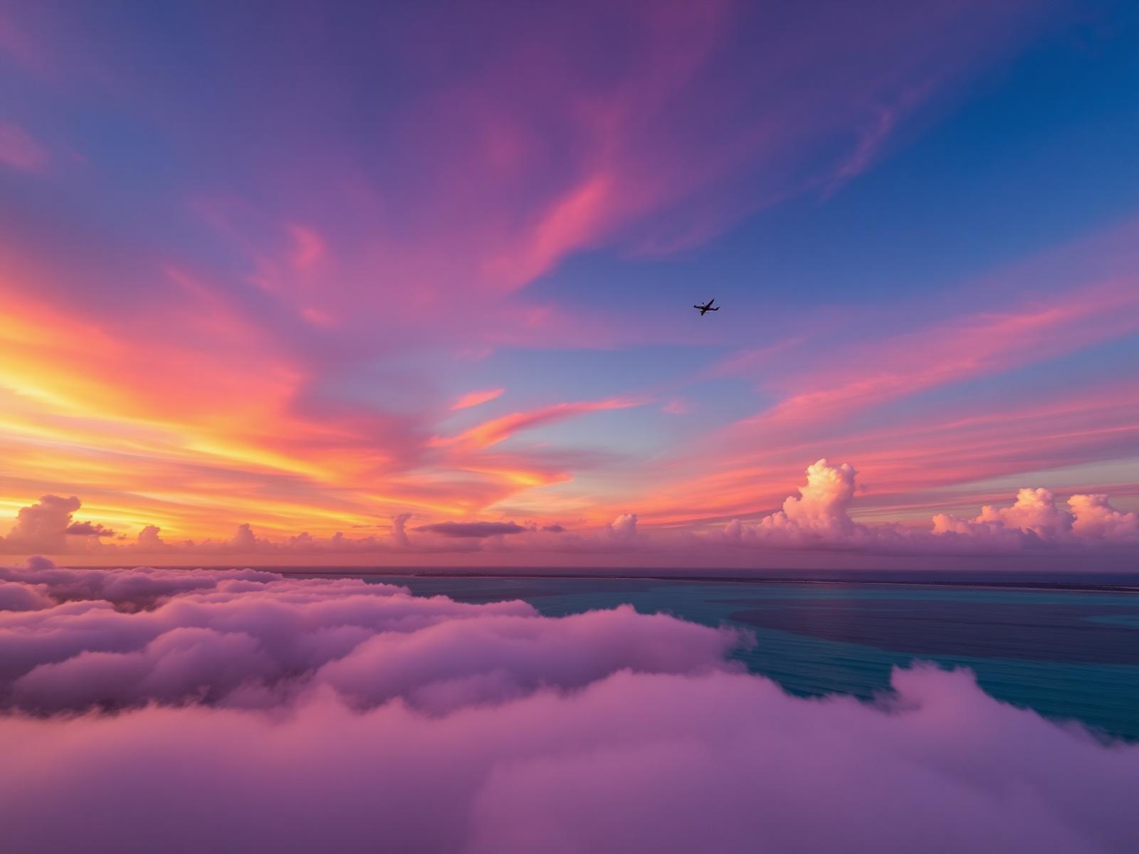 Airplane above clouds at sunset